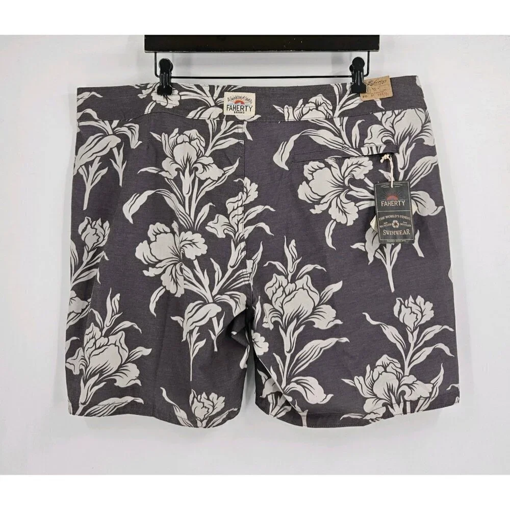 New Faherty Men Sz 40 Classic Boardshort Caf-Cream Ash Floral Lace Button Fly